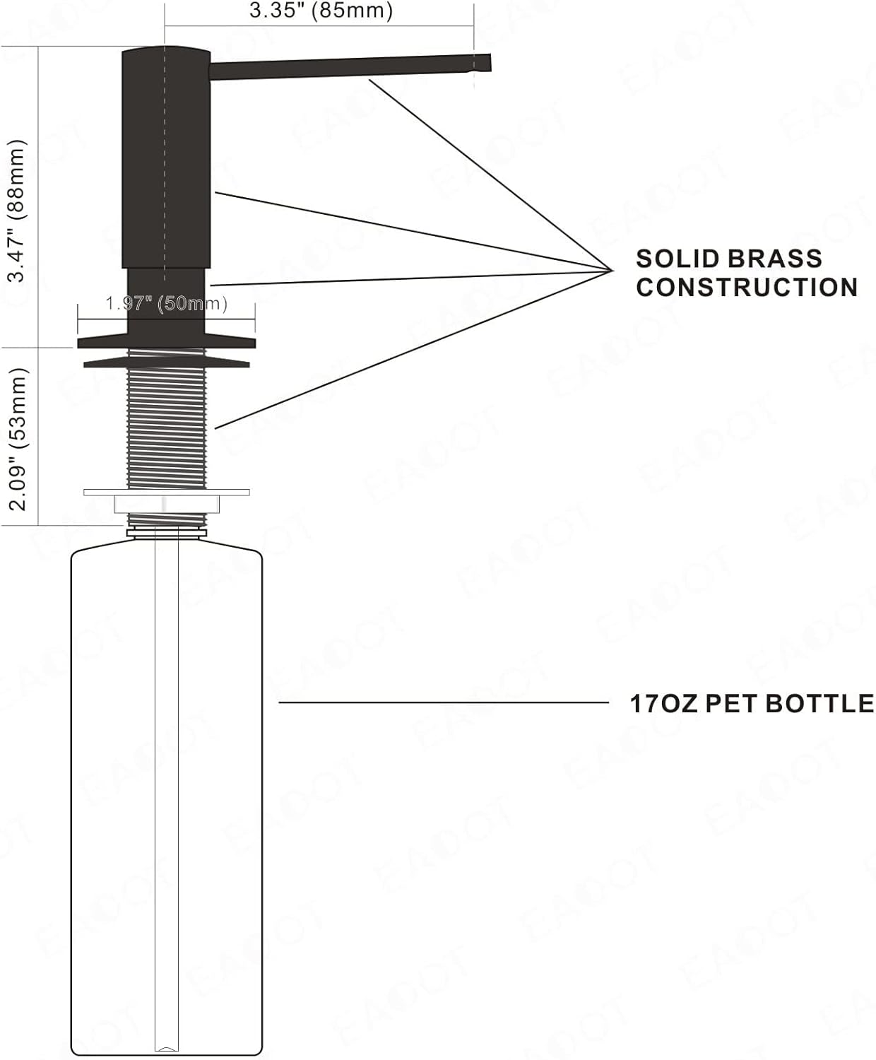 Matte Black Built in Dish Soap Dispenser for Kitchen Sink, Under Counter Brass Pump Head Hand Soap Pump with 17 OZ PET Soap Bottle Refill from Top, Undermount Brass Liquid Soap Dispenser