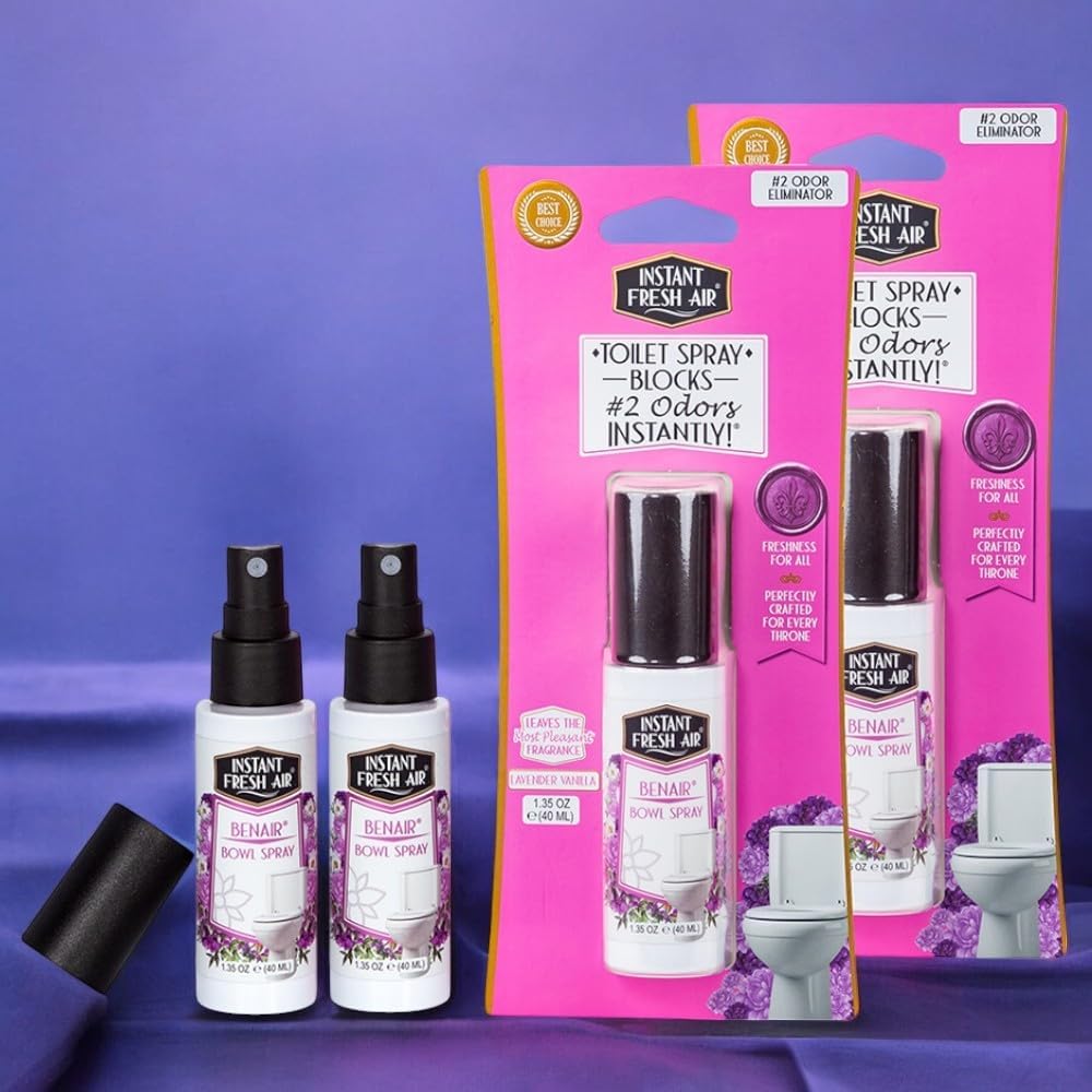 2-Pack: Superior Toilet Spray with Instant Odor Elimination, Lavender Vanilla Fragrance, Odor Eliminator Bathroom Spray, Travel Size, Long-Lasting, Eco-Friendly, 1.35 Oz. - INSTANT FRESH AIR