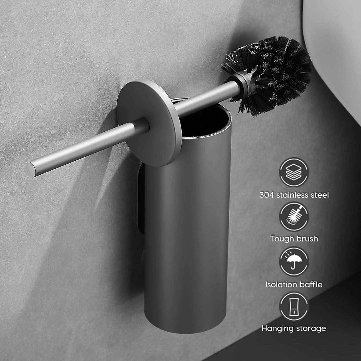 Stainless Steel Toilet Brush and Holder Set, No-Punch Hook Base Dual Purpose Toilet Brush Holder with Removable Inner Bucket and Splash Cover - Soft Bristles (Gray)