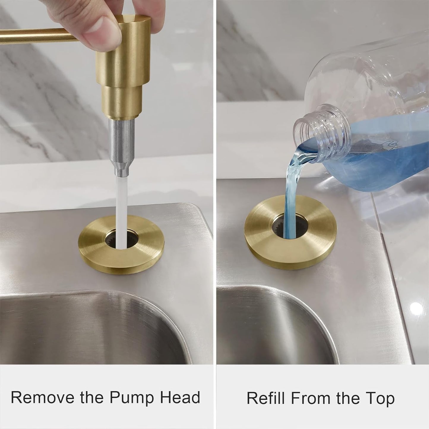 Brushed Gold All Brass Sink Soap Dispenser for Kitchen Sink Deck Mounted with 17 OZ Above The Sink Refillable PET Bottle Brass Pump Head in Counter Dish Soap Dispenser