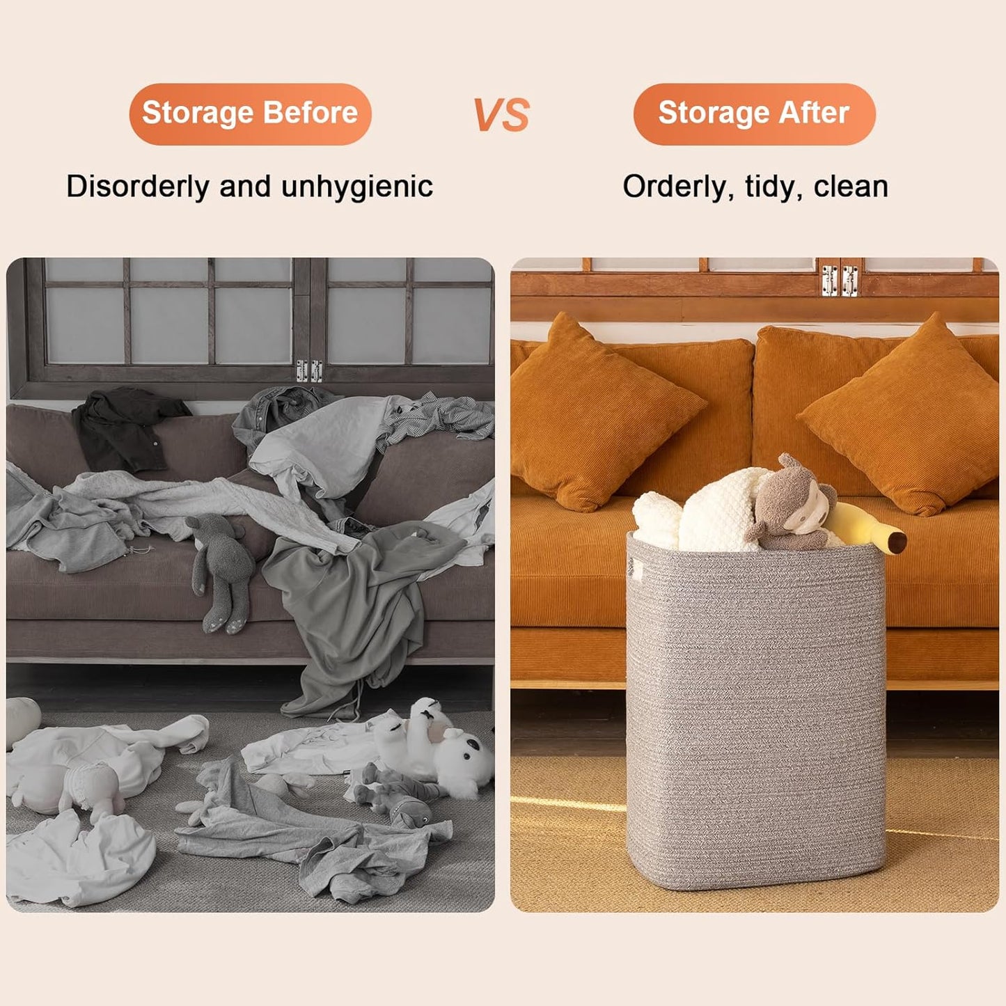 OIAHOMY Laundry Hamper, Laundry Basket,Rectangle Cotton Storage Basket with Handles, Large Blanket Basket for Living room, Woven Decorative Storage for Toys,Clothes,Pillows-16x13x22in-Grey variegated