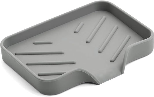 Sponge Holder with Drain Spout, Silicone Sponge Tray for Kitchen Sink, Rubber Soap Dish for Shower Bathroom (Grey, 4.7" x 3.6")