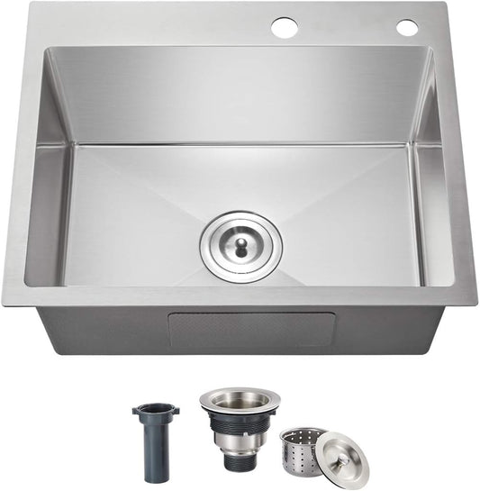 20x16x9 Inch Drop in Kitchen Sink, Handmade 304 Stainless Steel Single Bowl with 2 Holes, R10 Tight Radius, Topmount Installation, for Modern Kitchen/RV Sink, Brushed