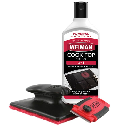 Weiman Cooktop and Stove Top Cleaner Kit - Glass Cook Top Cleaner and Polish 10 oz. Scrubbing Pad, Cleaning Tool, Razor, Scraper
