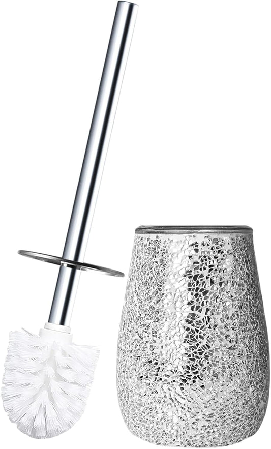 Escenzy Modern Toilet Brush and Holder Set Mosaic Glass | Non-Rustic Stainless Steel | Practical & Decorative Toilet Bowl Brush and Holder | Luxury Silver Glitter Bathroom Accessories