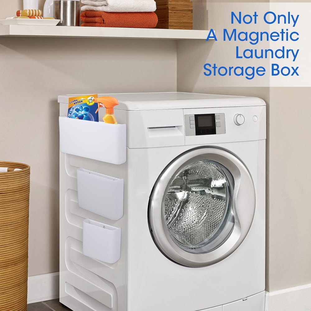 Picowe 3 PCS Magnetic Laundry Storage, Magnetic Storage Box for Laundry Room, Kitchen, Bathroom, Office, Space-Saving Trash Container Hanging on Dryer, Washer or Wall Mount Trash Bin (White)