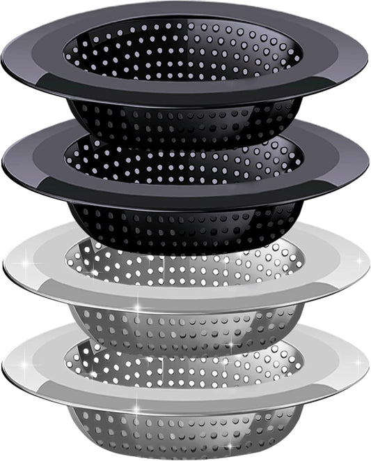 Kitchen Sink Drain Strainer, 4 Pack Stainless Steel and Black Mesh Sink Strainer for Kitchen with Large Wide Rim 4.5" Diameter, Sink Filter Strainer with 3" Basket Sink Food Catcher