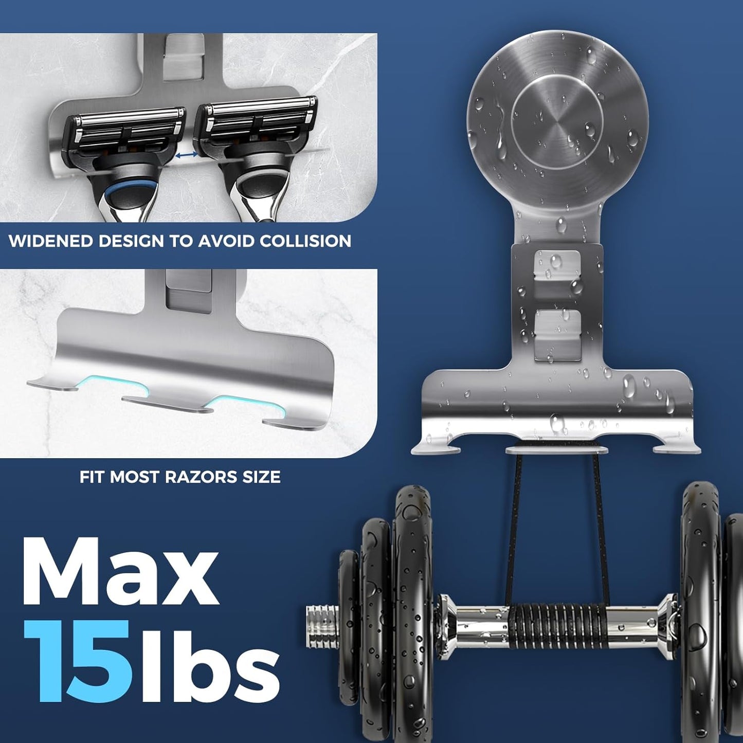 Suction Cup Razor Holder for Shower Wall 2 Pack,Heavy-Duty 15lbs Suction Hooks for Razor,Towel,Phone,Loofah, Removable Damage-Free Metal Shower Hook,Shaver Holder(Silver)