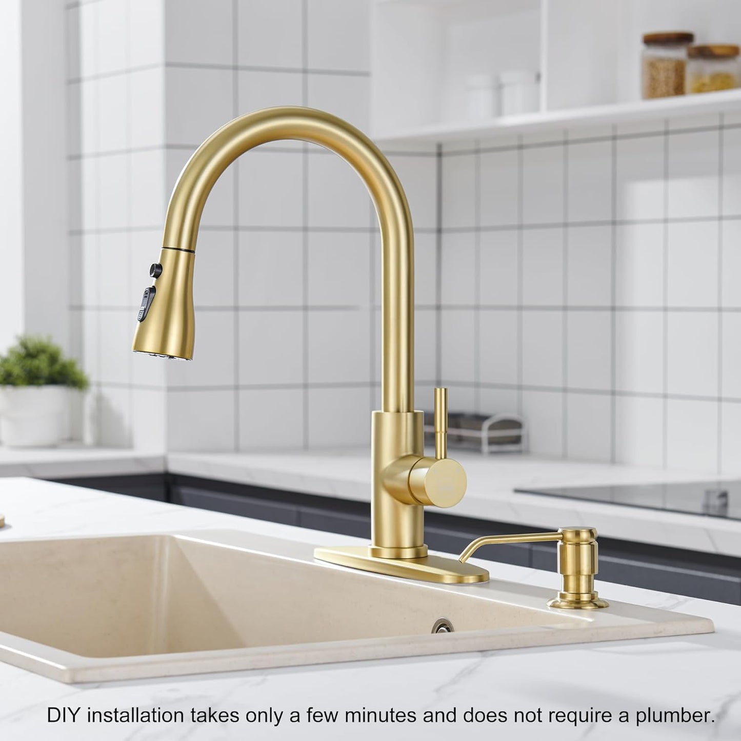 Gagal Kitchen Sink Soap Dispenser (Brushed Gold) and Extension Tube Kit for Kitchen Sink, Complete Brass Head with 40" Silicone Tube Connect to The Bottle Directly, Say Goodbye to Frequent Refills