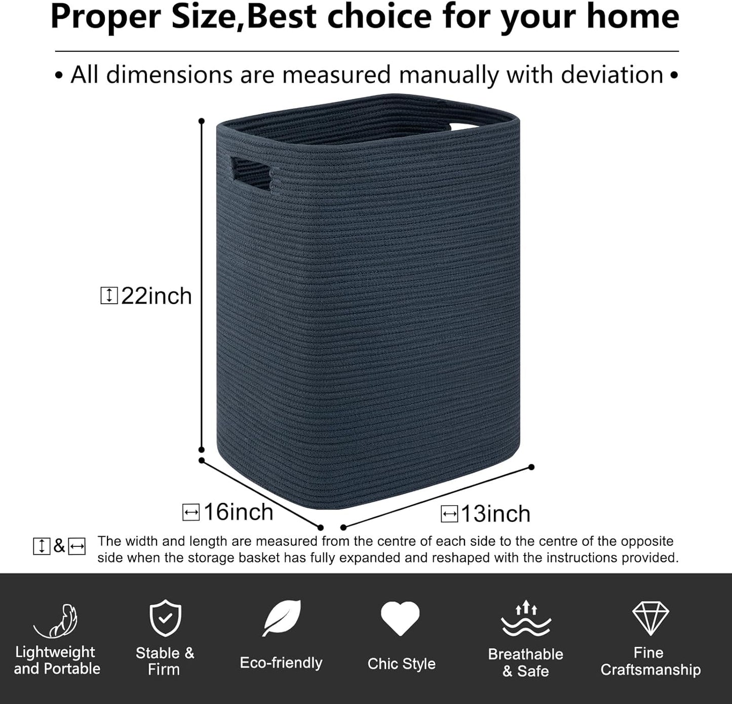 OIAHOMY Laundry Hamper, Laundry Basket，Rectangle Cotton Large Blanket Storage Basket for Living room,Bedroom Woven Decorative Storage for Toys,Clothes,Pillows-16x13x22in-Blue