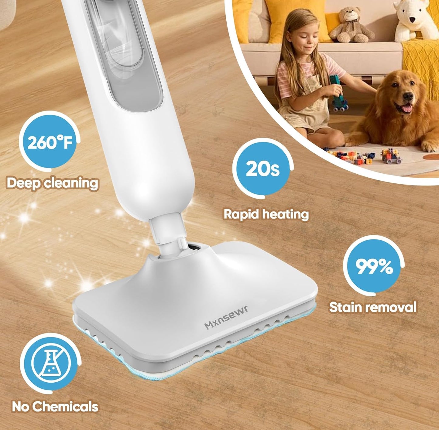 Steam Mop All-in-one Multi-Functional Powerful Steam Cleaner, Handheld Detachable Floor Steamer with 2 Steam Level, 380ML Water Tank & 23FT Power Cord for Floor Cleaning, Bathroom,Clothes, Furniture