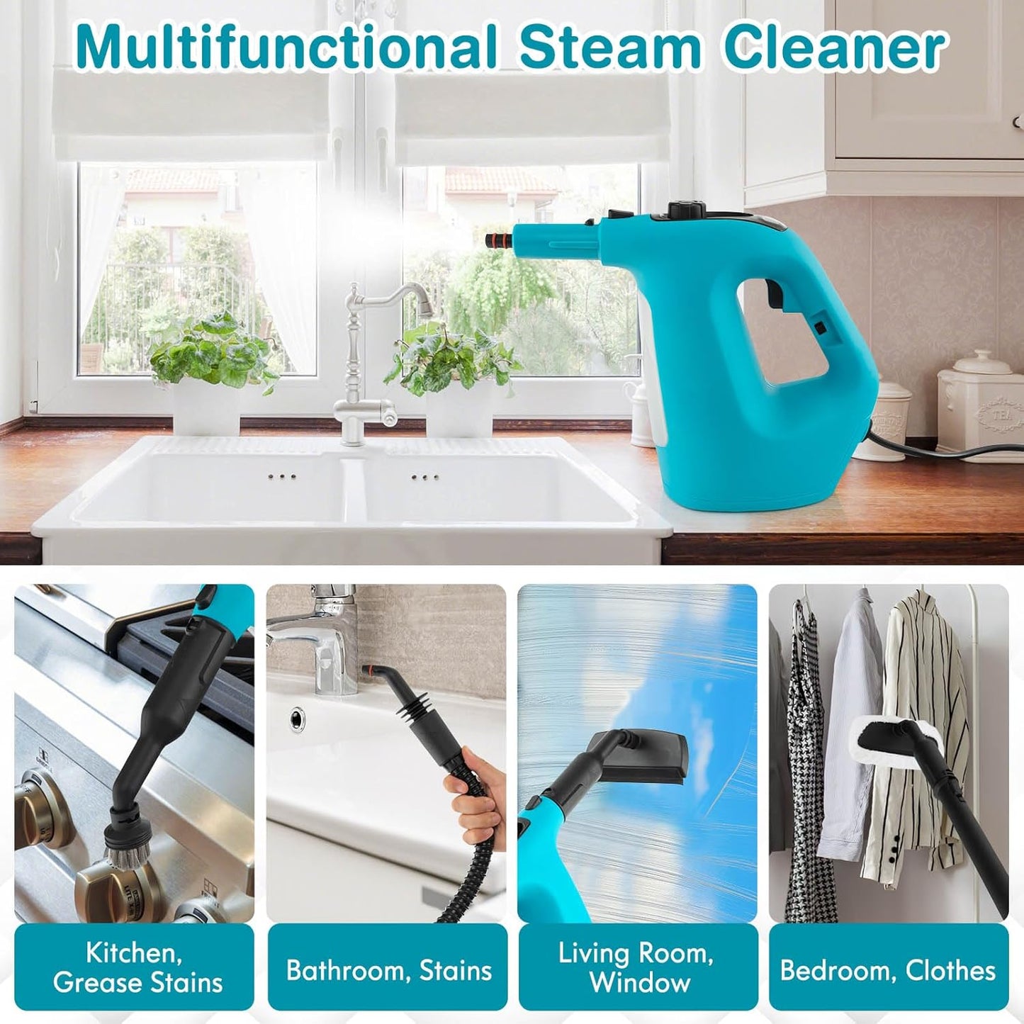 COSTWAY Handheld MultiPurpose Steam Cleaner with 17 Pieces, 350ml Large Capacity Steam Mop Continuous Fill water, Portable Chemical-Free Steamer for Home Use, Floors, Windows, 1400W, Blue