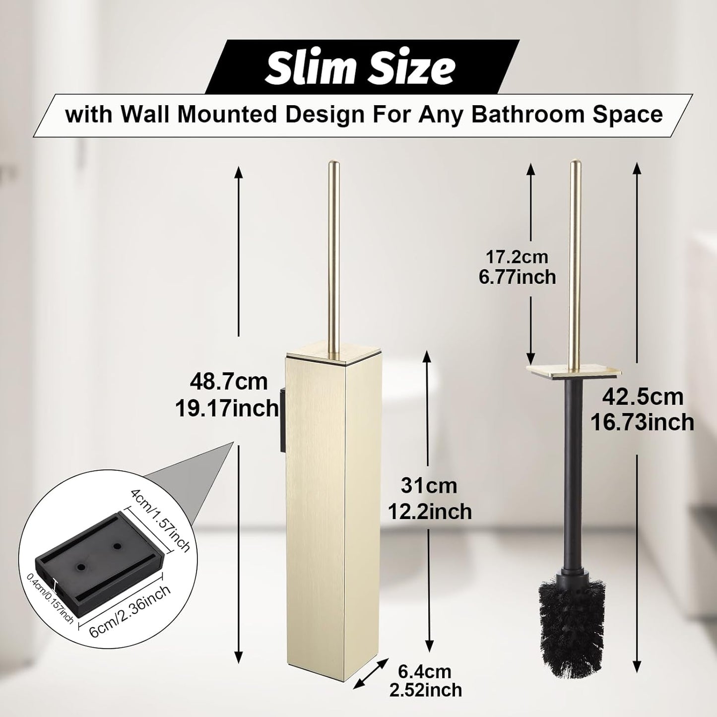 BGL Toilet Brush and Holder Set Brushed Gold Wall Mounted for Bathroom Square Design