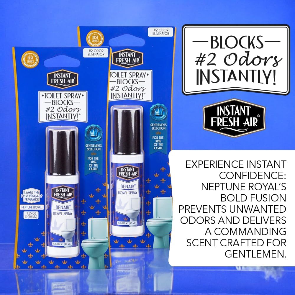 2-Pack: Superior Toilet Spray for Men with Instant Odor Elimination, Neptune Royal Fragrance, Odor Eliminator Bathroom Spray, Travel Size, Long-Lasting, Eco-Friendly, 1.35 Oz. - INSTANT FRESH AIR