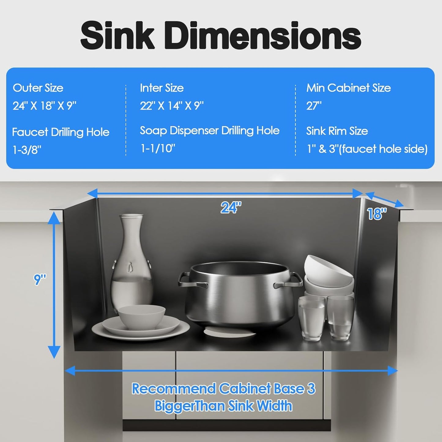 24x18x9 Inch Kitchen Sink, Handmade 304 Black Stainless Steel Single Bowl, 2-Hole Drop In Installation, R10 Tight Corner, for Modern Kitchen/RV/Outdoor Sink