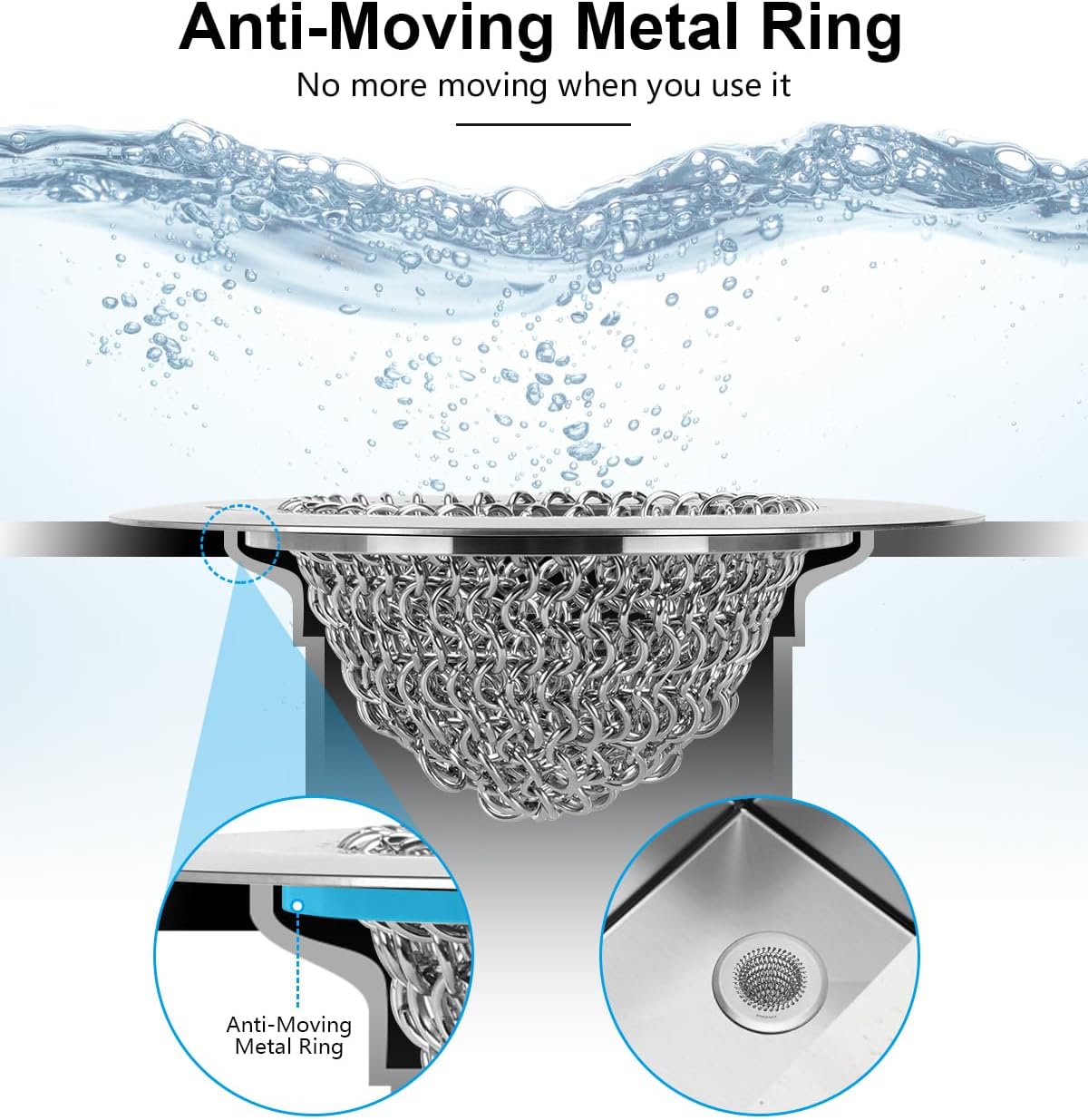 2 Pcs Sink Drain Strainer: Anti-Slip Flexible Chainlink, 304 Stainless Steel. Upgraded Clog-Free Kitchen Version, Easy-Clean Catcher for Garbage Disposal