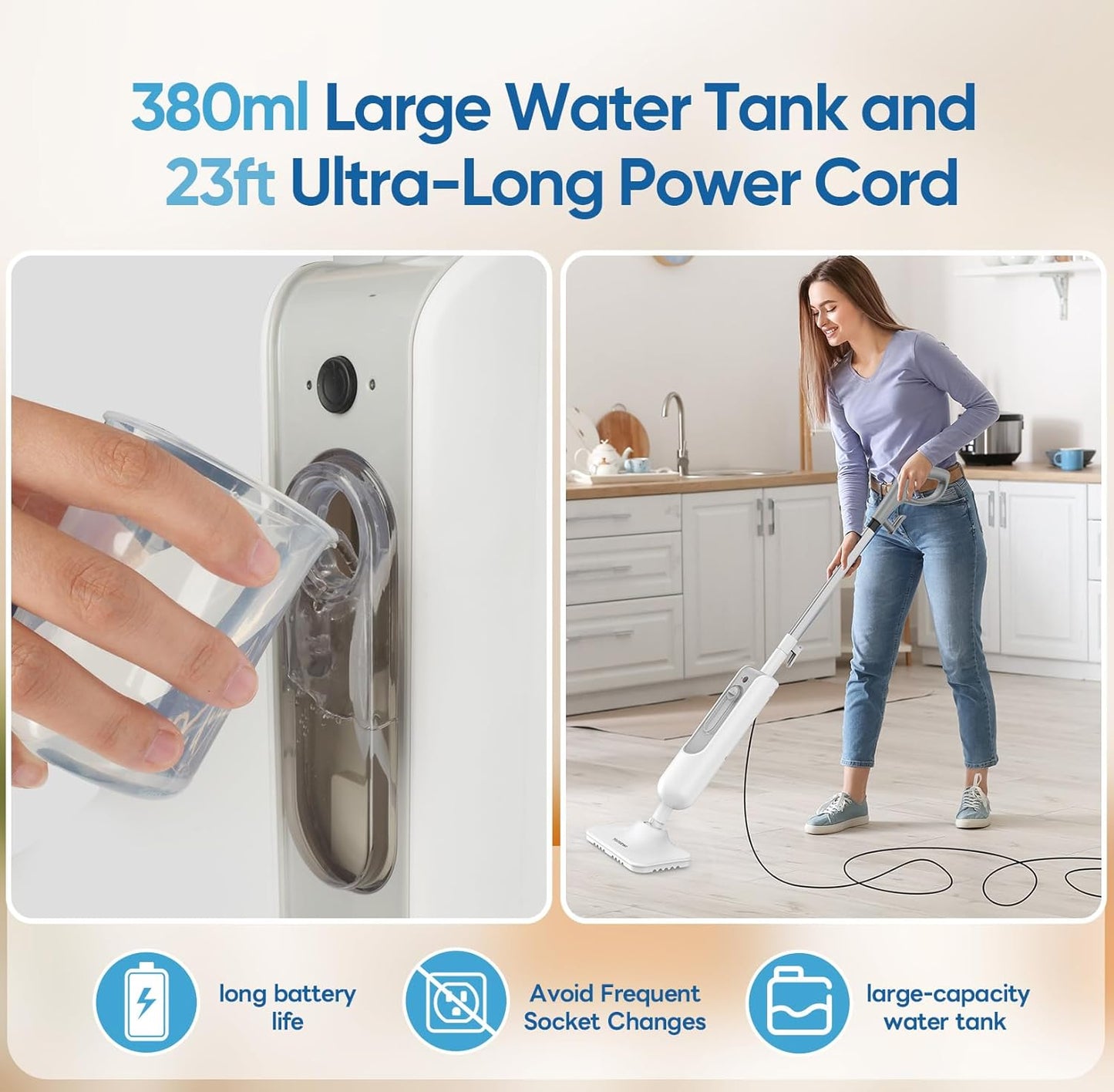 Steam Mop All-in-one Multi-Functional Powerful Steam Cleaner, Handheld Detachable Floor Steamer with 2 Steam Level, 380ML Water Tank & 23FT Power Cord for Floor Cleaning, Bathroom,Clothes, Furniture