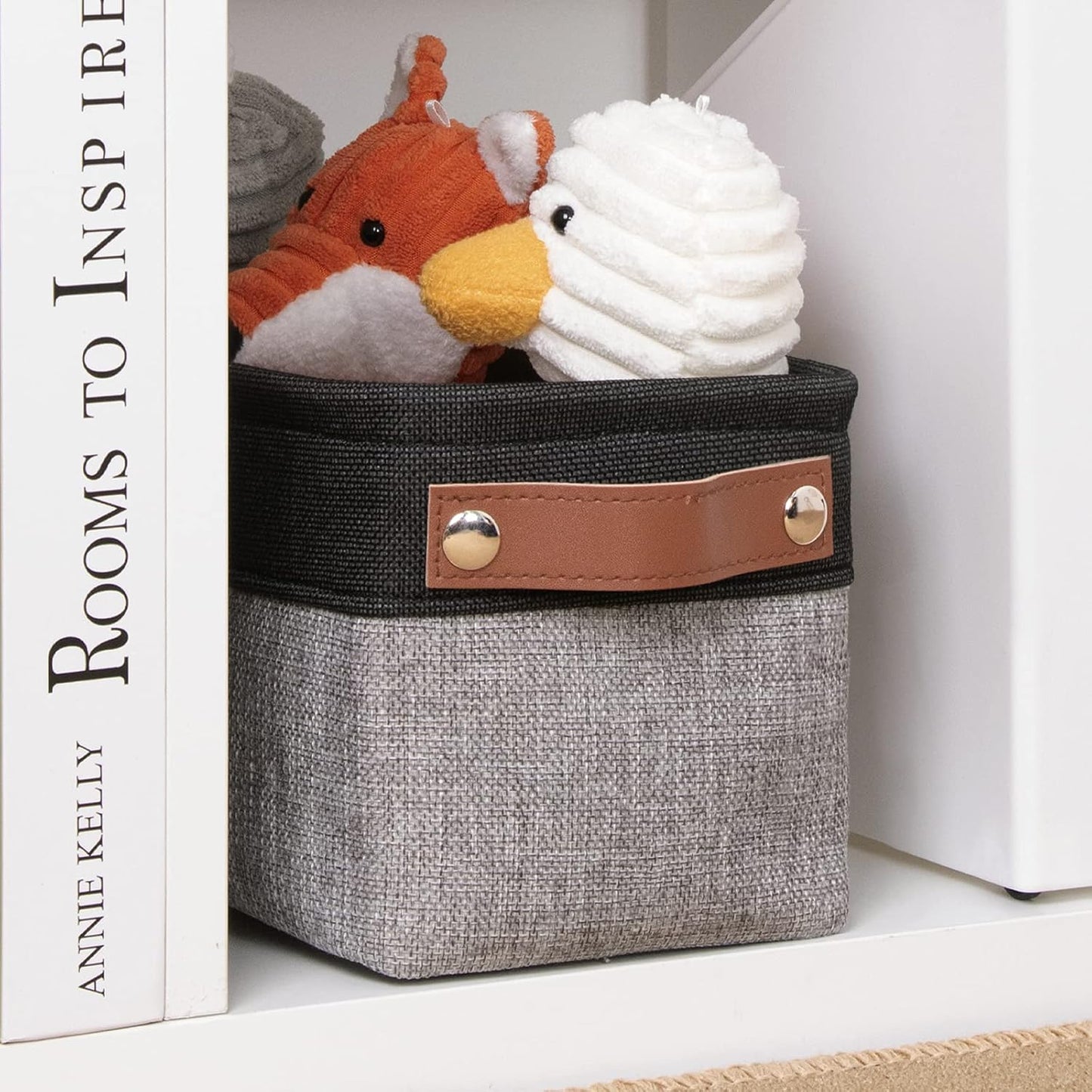 DULLEMELO Fabric Bathroom Storage Bin with Leather Handles, Narrow Organizer for Towels, Toilet Paper Rolls, Storage Basket for Back of Toilet, Vanities, Shelves & Cabinets (Black&Gray)