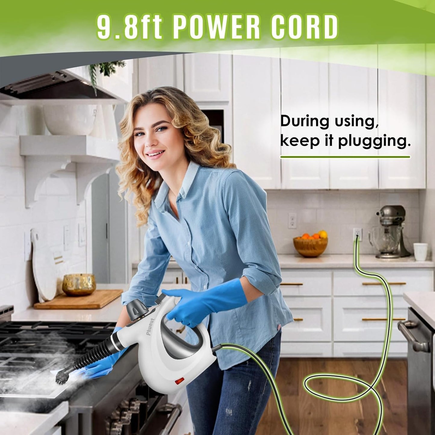 Pressurized Handheld Multi-Surface Natural Steam Cleaner with 12 pcs Accessories, Multi-Purpose Steamer for Home Use, Steamer for Cleaning Floor, Upholstery, Grout and Car (Grey)