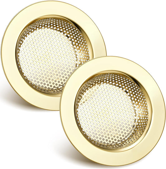 Retisee 2 Pcs Sink Strainer Stainless Steel Kitchen Sink Drain Strainer Basket Cover Mesh Hair Food Catcher, Large Wide Rim of 4.4 Diameter(Gold)