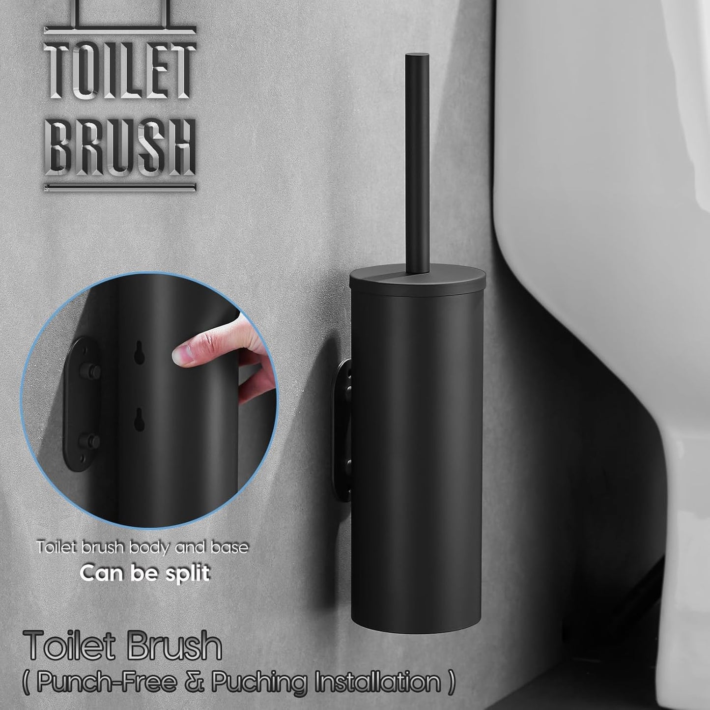 Toilet Bowl Brush and Holder, 304 Stainless Steel No-Punch Hook Base Dual Purpose Toilet Brush Holder with Removable Inner Bucket and Splash Cover - Soft Bristles (Black)