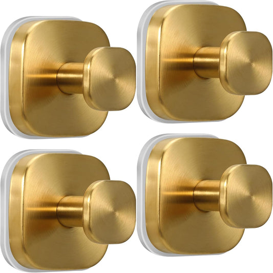 Suction Cup Hooks for Shower - Reusable No-Drill Mounting - Hooks for Towels, Robes & Loofah on Metal, Glass, Mirrors, Tile & Smooth Non-Porous Surfaces (4, Brushed Gold)