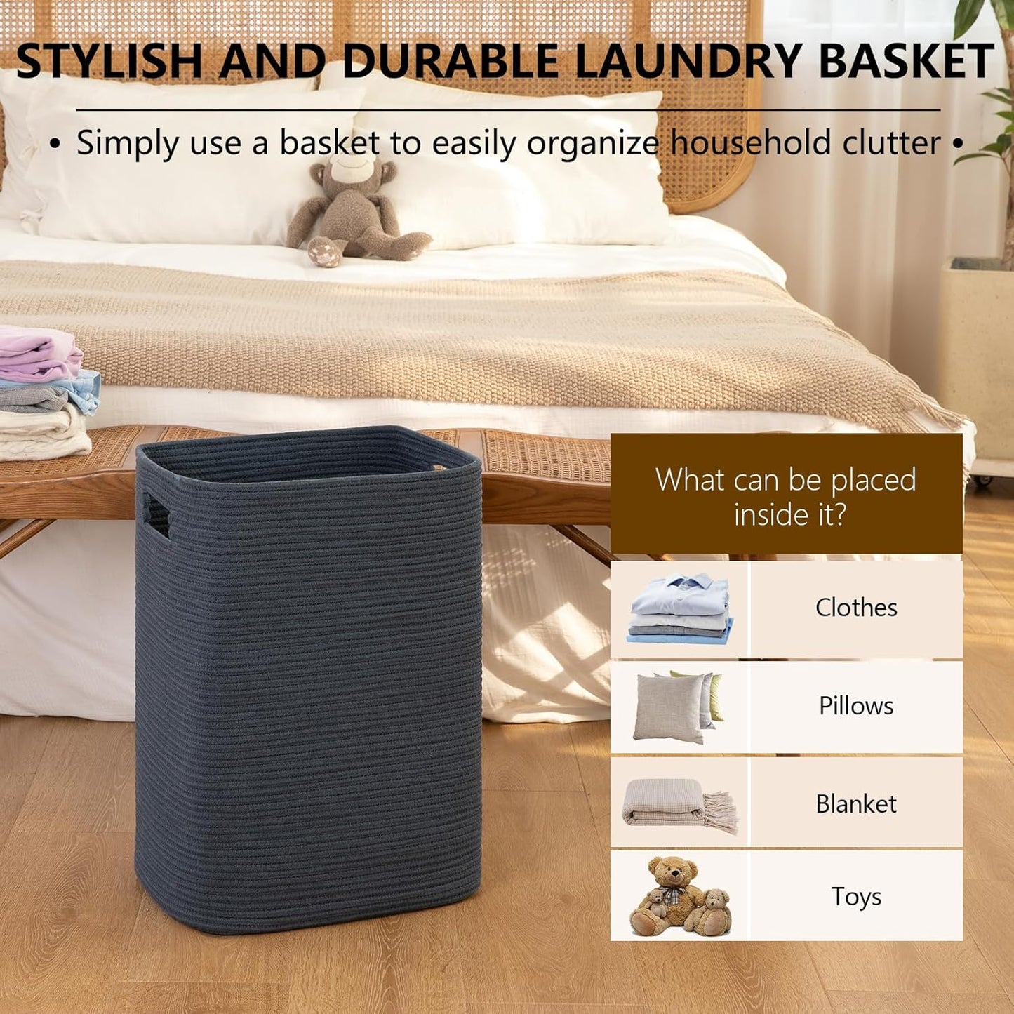 OIAHOMY Laundry Hamper, Laundry Basket，Rectangle Cotton Large Blanket Storage Basket for Living room,Bedroom Woven Decorative Storage for Toys,Clothes,Pillows-16x13x22in-Blue