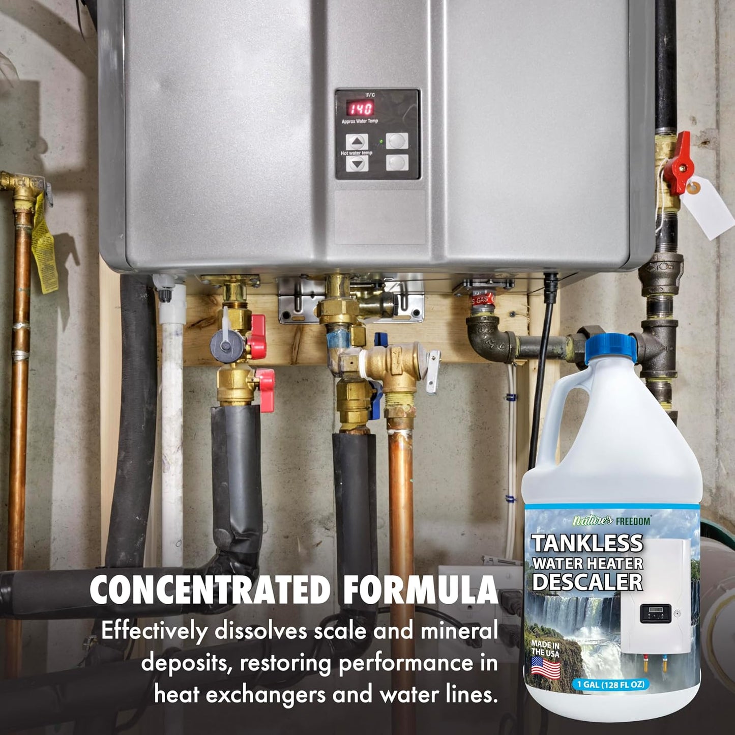 Nature's Freedom Tankless Water Heater Flush Descaler, Gallon (128 oz) – Professional Non-Toxic Descaling Solution, Biodegradable, Made in the USA