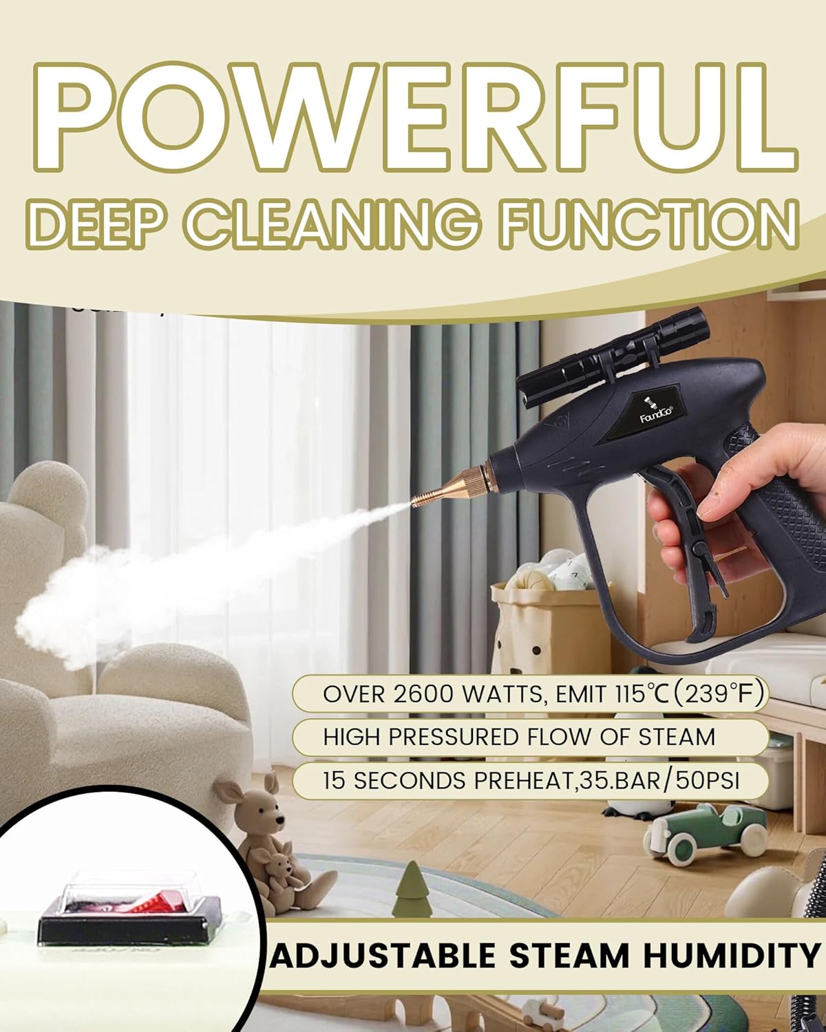 FoundGo 1700W Tankless Handheld Steam Cleaner with 7 Brushes 20s Heating to 239℉ Pressurized Portable Steam Cleaner, Cleaning Home/Kitchen/Car & More-White