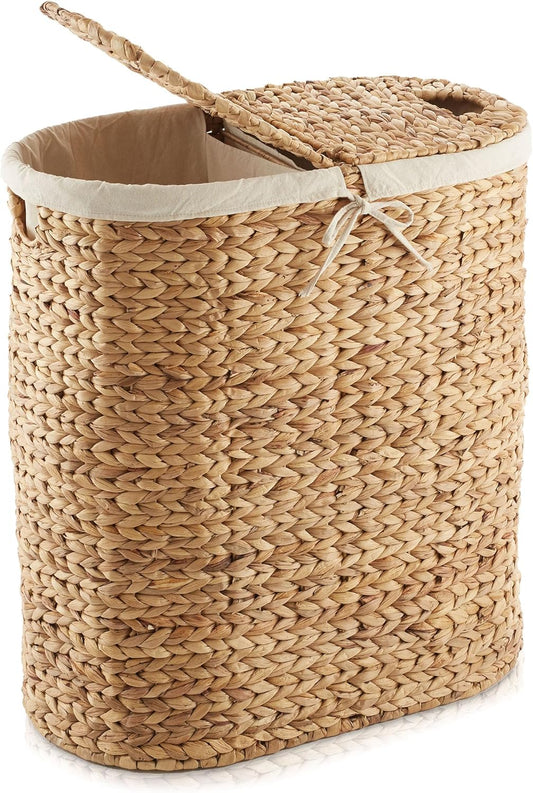 Casafield Oval Laundry Hamper with Lids and Removable Liner Bags - Natural, Woven Water Hyacinth 2-Section Laundry Basket Sorter for Clothes and Towels