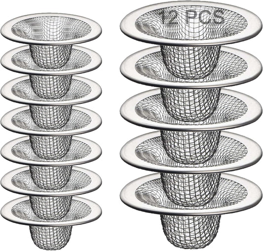 12PCS Stainless Steel Slop Basket Filter Trap, 2.75" & 4.41" Mesh Sink Drain Strainer Screen Bathroom Kitchen, Drain Mesh Basket Cover Hair Catcher for Lavatory RV Shower Floor Utility Drain