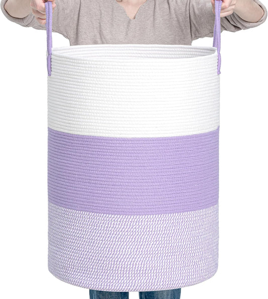CLHMILY&Z 100L Laundry Basket Round Storage Rope Basket - 18.1x24 Inches - Lavender Hamper in Bedreoom and Cute Storage Bin for Blankets, Toys, and Nursery Essentials