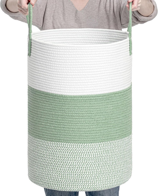 CLHMILY&Z 60L Laundry Basket Round Storage Rope Basket - 15x20.5 Inches - Green Hamper in Bedreoom and Cute Storage Bin for Blankets, Toys, and Nursery Essentials