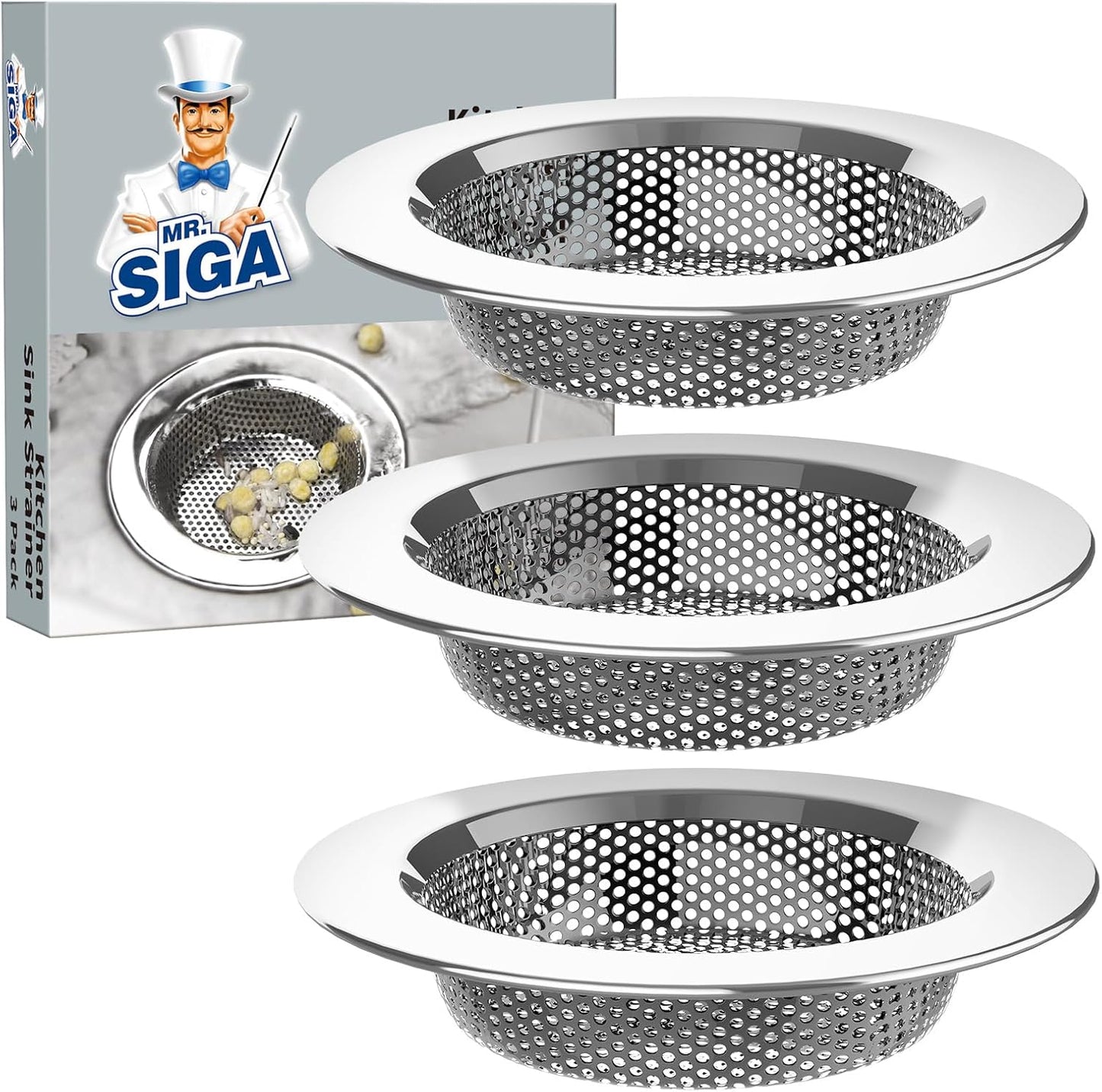 MR.SIGA Kitchen Sink Strainer, Stainless Steel Sink Drain Strainer, Dishwasher Safe, Outer Diameter 4.4 inch/11.2cm, Inner Diameter 3 inch/7.6cm, Pack of 3