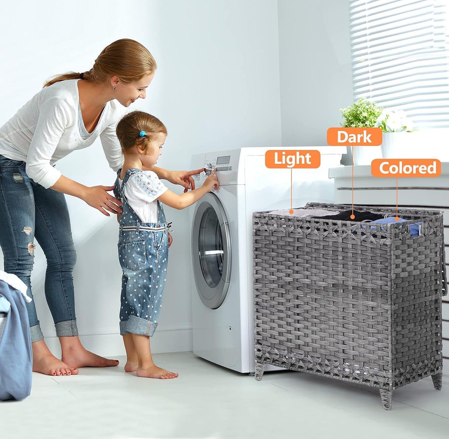 Laundry Hamper with 3 Removable Liner Bags; 132L Handwoven Rattan Laundry Basket with Lid & Heightened Feet; Clothes Hamper with Side Handles; Laundry Sorter with 3 Separate Sections (Gray)