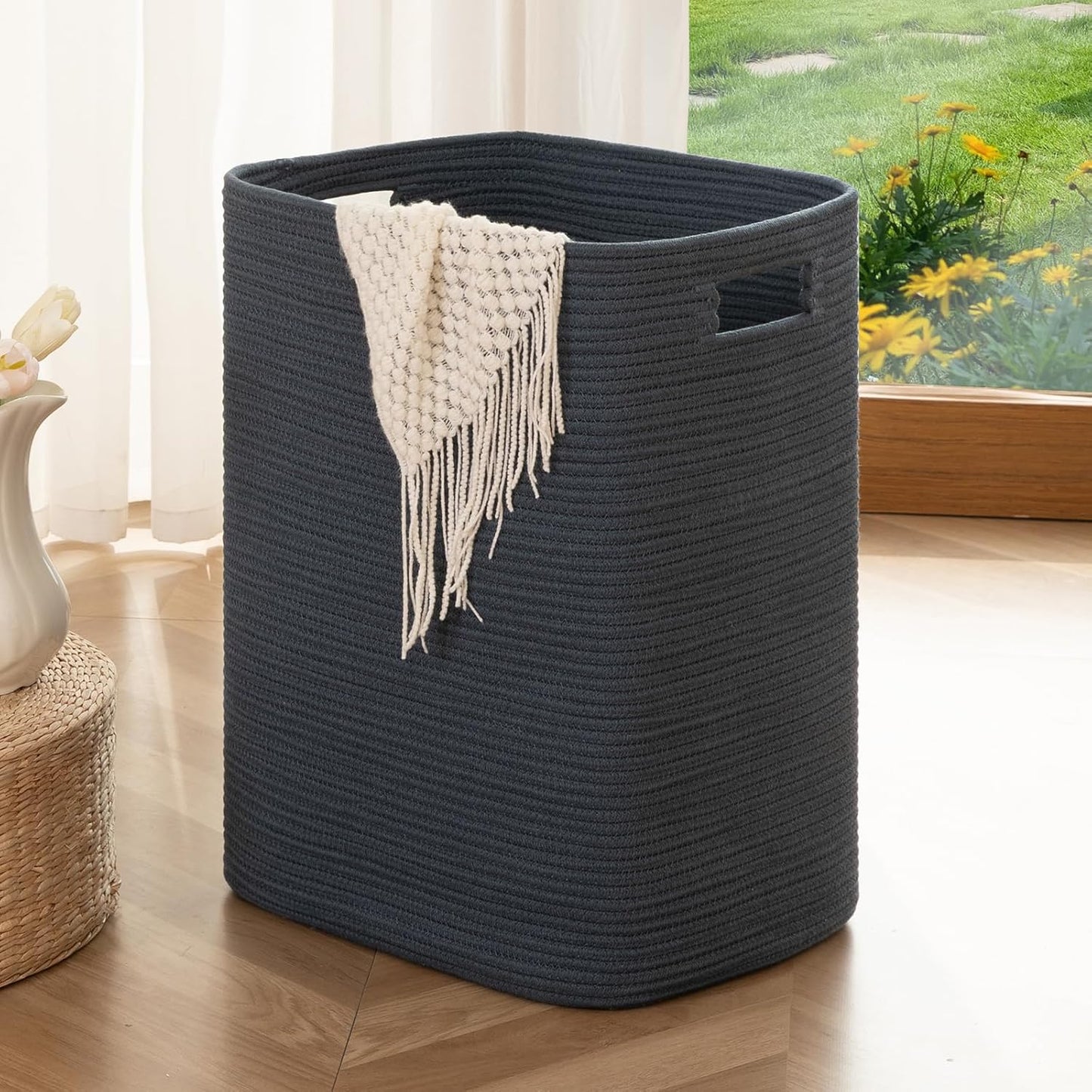 OIAHOMY Laundry Hamper, Laundry Basket，Rectangle Cotton Large Blanket Storage Basket for Living room,Bedroom Woven Decorative Storage for Toys,Clothes,Pillows-16x13x22in-Blue