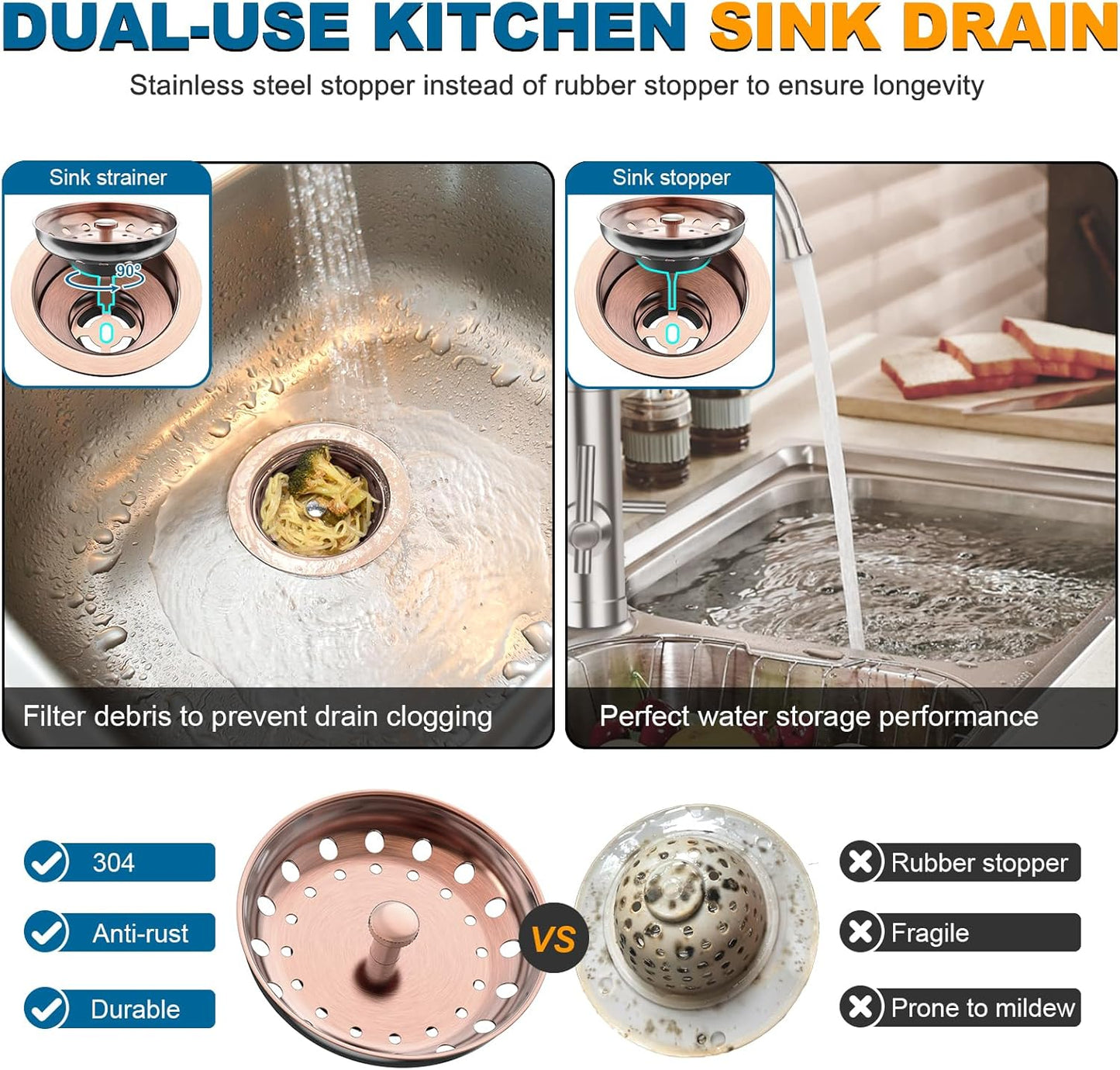 BOTEMY Stainless Steel Copper Sink Drain Strainer Kit 3-1/2 inch Kitchen Drain Assembly with Metal Center Knob Basket Stopper Replacement for Standard Kitchen Sinks, Antique Copper