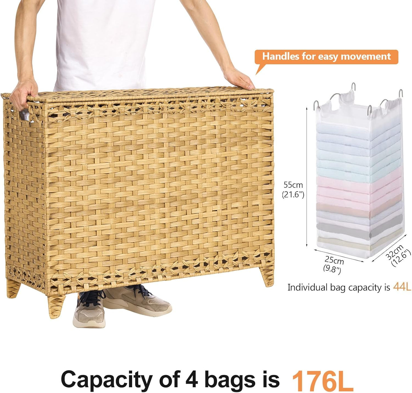 Laundry Hamper with 4 Removable Liner Bags; 176L Handwoven Rattan Laundry Basket with Lid & Heightened Feet; Clothes Hamper with Side Handles (Natural)