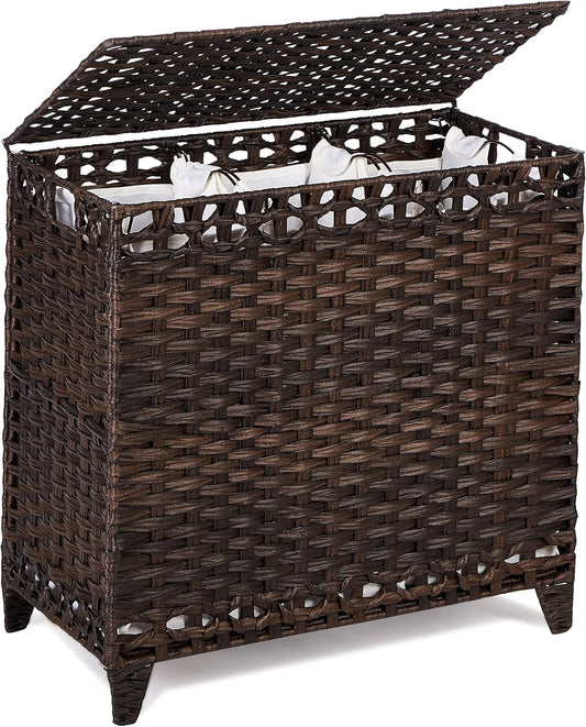 Laundry Hamper with 3 Removable Liner Bags; 132L Handwoven Rattan Laundry Basket with Lid & Heightened Feet; Clothes Hamper with Side Handles; Laundry Sorter with 3 Separate Sections (Brown)