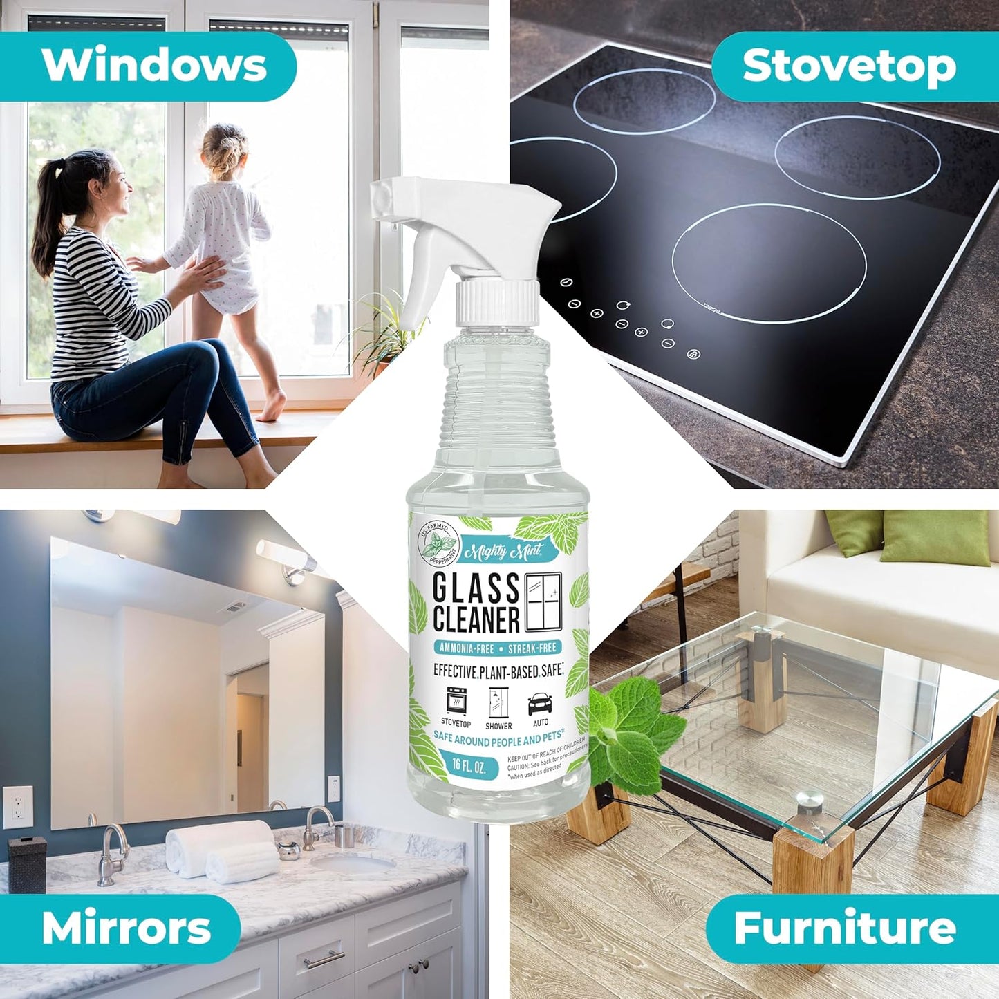 Mighty Mint Glass Cleaner, Ammonia-Free, Streak-Free Spray for Windows, Screens, Stovetop, Bathroom, Natural Peppermint Scent, 16oz (Pack of 2)