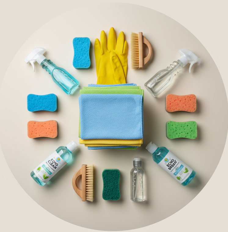 circle photo of cleaning and household supplies, make a real photo

